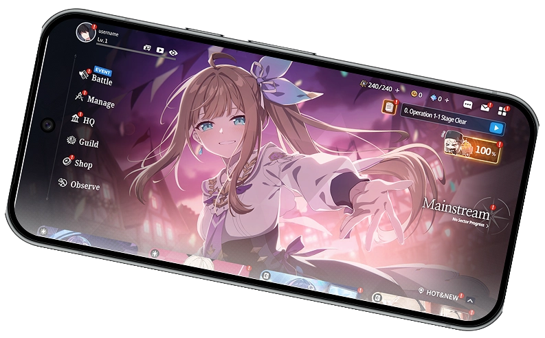 Smartphonescherm met de hoofdinterface van de mobiele game Star Savior, waarop een vrouwelijk personage in anime-stijl haar hand naar de kijker uitstrekt. Bovenaan het scherm toont het spelmenu opties zoals Observeren, Winkel, Gilde, Hoofdkwartier, Beheer en Vechten.