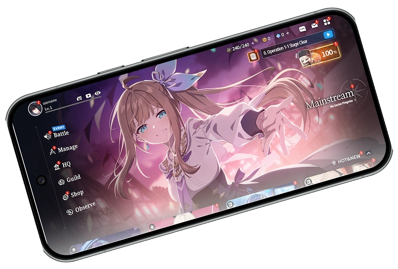 Smartphonescherm met de hoofdinterface van de mobiele game Star Savior, waarop een vrouwelijk personage in anime-stijl haar hand naar de kijker uitstrekt. Bovenaan het scherm toont het spelmenu opties zoals Observeren, Winkel, Gilde, Hoofdkwartier, Beheer en Vechten.