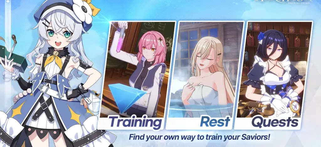 mobiele interface van StarSavior met personages en missie scherm