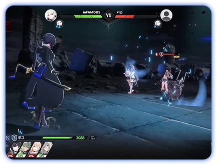 gevechtsscène uit de mobiele game StarSavior waarin een team anime personages tegenover vijanden staat in een donkere futuristische omgeving