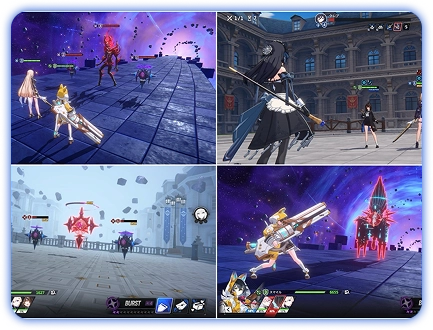 verschillende gameplay scènes uit StarSavior met team personages, ruimteomgeving en turn based gevechten