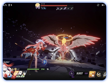 gevecht in StarSavior met een engelachtig vijandpersonage en een held die een magische aanval voorbereidt